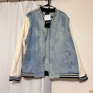 Boohooman mens varsity denim bomber jacket